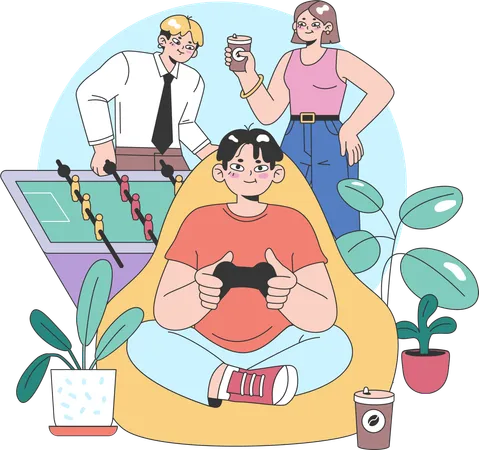Boy is playing video game while parents are playing indoor games  イラスト