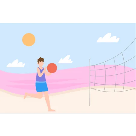 Boy is playing Volleyball on beach Illustration