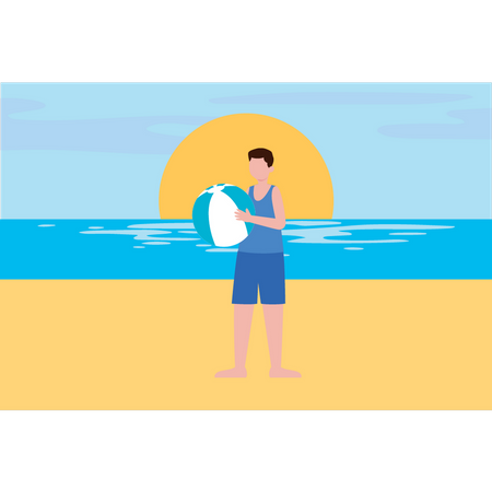 Boy is playing with a beach ball on the beach  Illustration