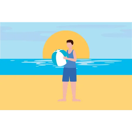 Boy is playing with a beach ball on the beach  Illustration