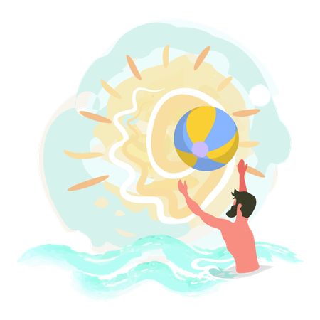 Boy is playing with beach ball in ocean  Illustration