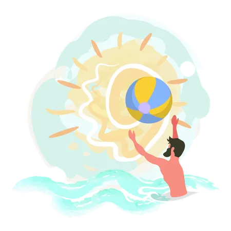 Boy is playing with beach ball in ocean  일러스트레이션