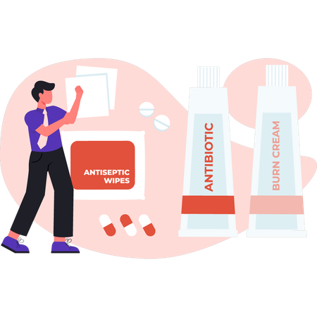 Boy is pointing antibiotic medicine  Illustration