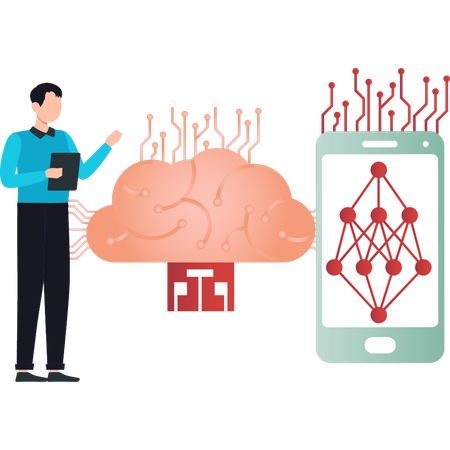 Boy is pointing at artificial brain network  Illustration