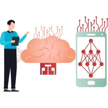 Boy is pointing at artificial brain network  Illustration