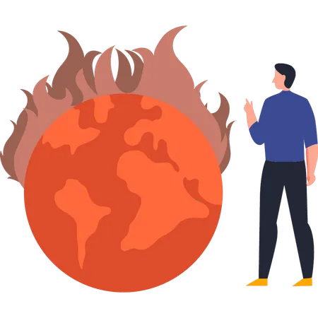 The Boy Is Pointing At Burning Flames Causing Climate Change Illustration