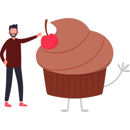 Boy is pointing at chocolate cupcake with cherry on top  Illustration