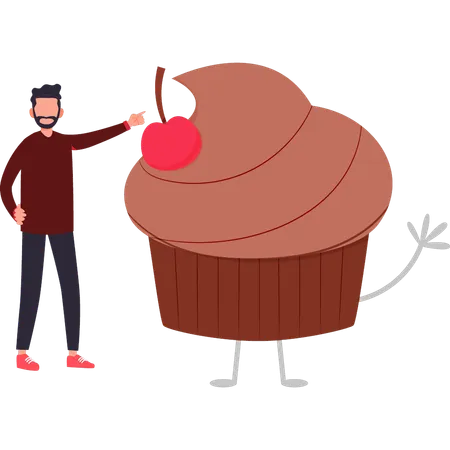 Boy is pointing at chocolate cupcake with cherry on top  イラスト