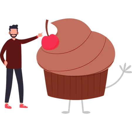 Boy is pointing at chocolate cupcake with cherry on top  Illustration