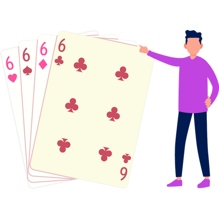 Boy is pointing at gaming cards  Illustration