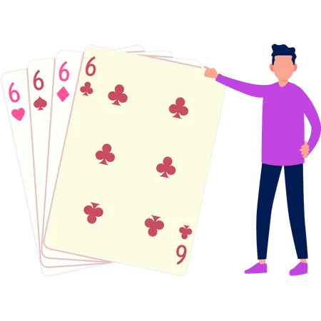 Boy is pointing at gaming cards  Illustration