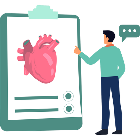 Boy is pointing at heart on clipboard  Illustration