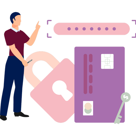 Boy is pointing at locked credit card  Illustration