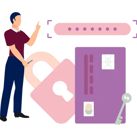 Boy is pointing at locked credit card  Illustration