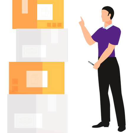 Boy is pointing at quarantine parcels  Illustration