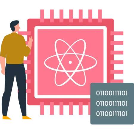 Boy is pointing at the atomic view of the processor  Illustration