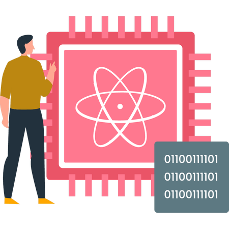 Boy is pointing at the atomic view of the processor  Illustration