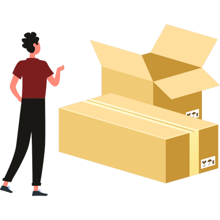 Boy is pointing at the cardboard package  Illustration