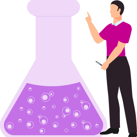 Boy is pointing at the chemical flask  Illustration