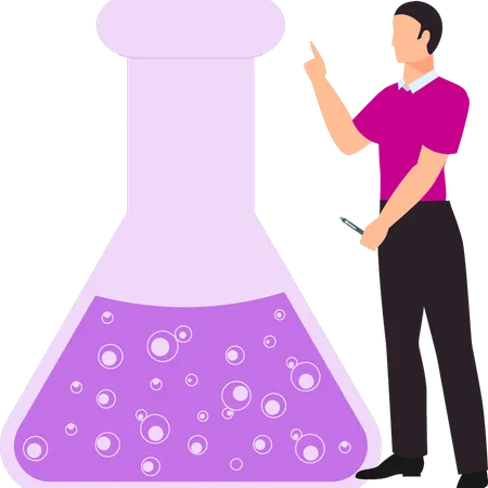 Boy is pointing at the chemical flask  Illustration