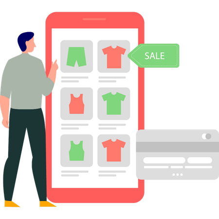 Boy is pointing at the clothes on the mobile  Illustration