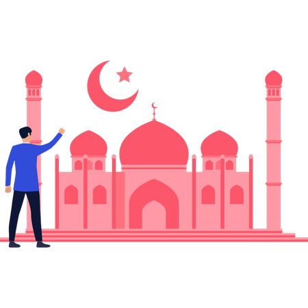 Boy is pointing at the crescent above the mosque  Illustration