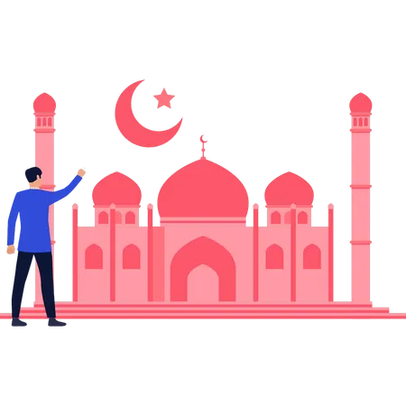 Boy is pointing at the crescent above the mosque  Illustration