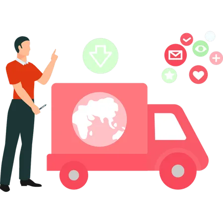 Boy is pointing at the delivery truck  Illustration
