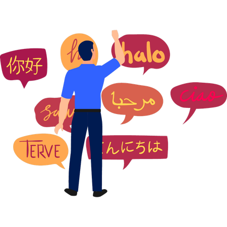 Boy is pointing at the different languages  Illustration