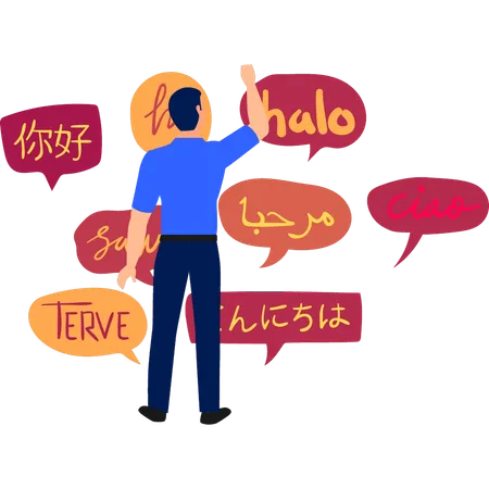 Boy is pointing at the different languages  Illustration