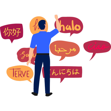 Boy is pointing at the different languages  イラスト