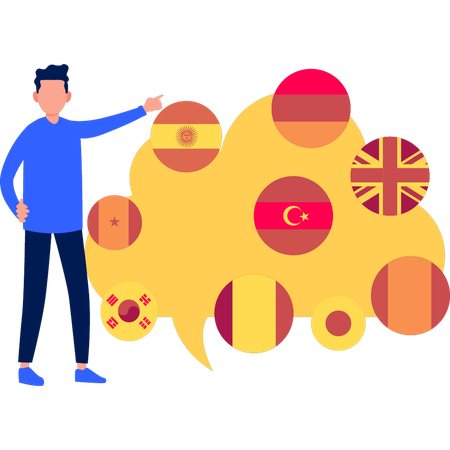 Boy is pointing at the different national flags  イラスト