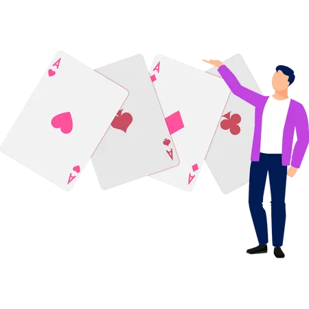 The Boy Is Pointing At The Different Poker Cards Illustration
