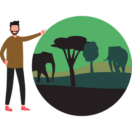 Boy is pointing at the elephants in the forest  Illustration