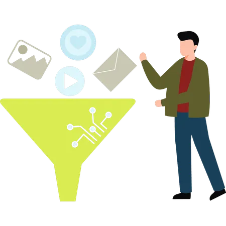 Boy is pointing at the filter through the funnel  Illustration