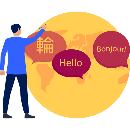 Boy is pointing at the global languages  Illustration