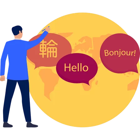 Boy is pointing at the global languages  Illustration