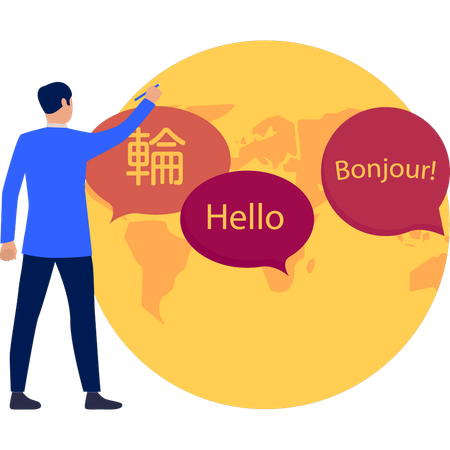 Boy is pointing at the global languages  イラスト