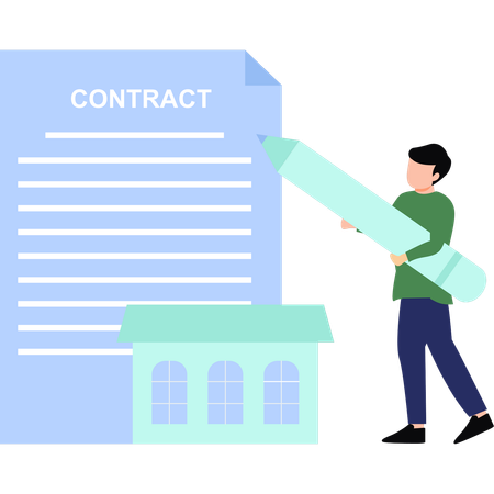 Boy is pointing at the home contract document  イラスト