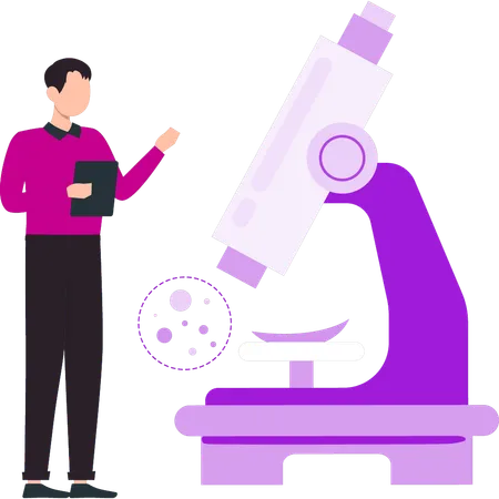 The Boy Is Pointing At The Microscope Illustration