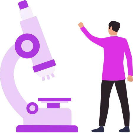 Boy is pointing at the microscope  Illustration