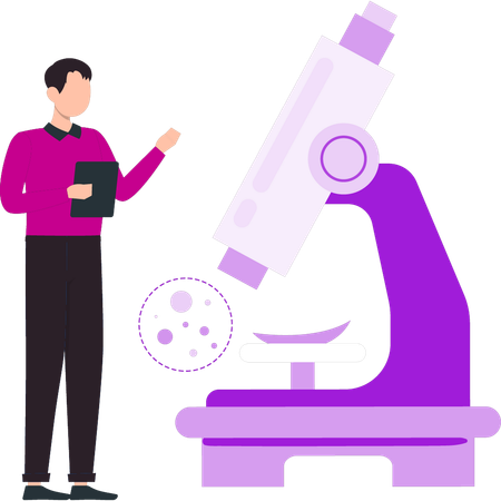 Boy is pointing at the microscope  일러스트레이션
