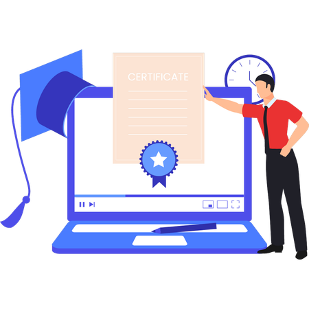 Boy is pointing at the online certificate  イラスト