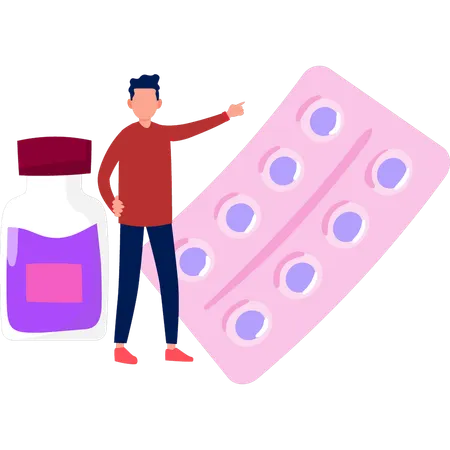Boy is pointing at the pills strip  Illustration