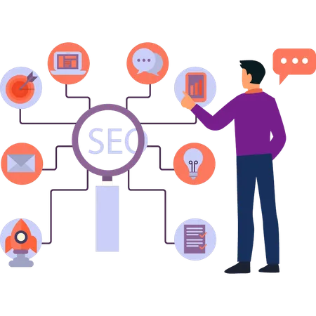 Boy is pointing at the seo marketing  Illustration