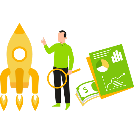 Boy is pointing at the startup rocket  Illustration