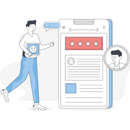Boy is pointing customer reviews  Illustration
