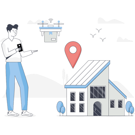 Boy is pointing delivery location  Illustration