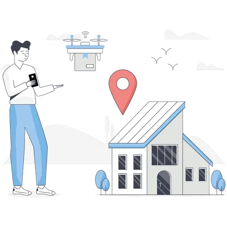 Boy is pointing delivery location  Illustration