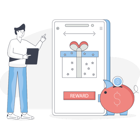 Boy is pointing online shopping cash back  Illustration
